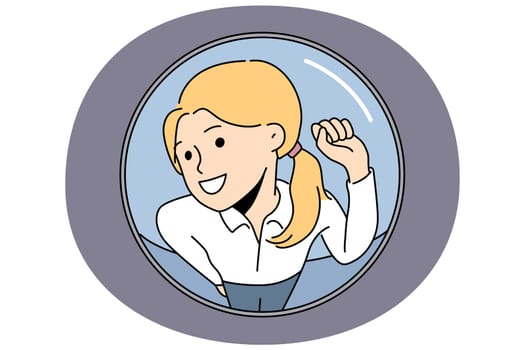 Saleswoman knocking on apartment view from behind peephole for business concept with personal cold sales. Saleswoman wants to offer client to purchase goods and services without leaving home