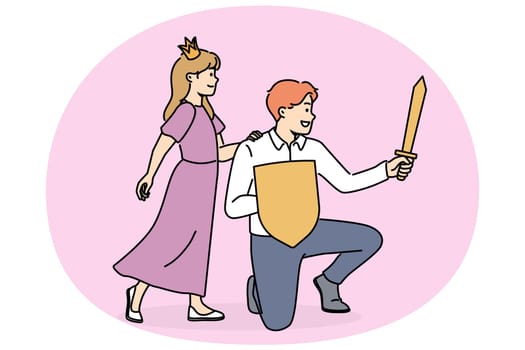 Princess girl near father with knight sword spend time together playing royal family from fairy tales. Hero protect princess from enemies saving little daughter for fatherhood concept