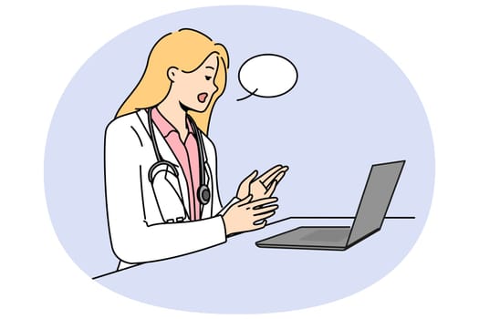 Doctor with laptop provides telemedicine services by consulting patients via internet. Woman telemedicine specialist in white remotely examines patient and gives recommendations for treatment