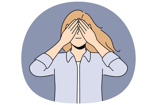 Woman closes eyes in anticipation of surprise or playing with small child. Young girl closes eyes and acts up not wanting to see unpleasant things or trying to hide in order to avoid stress.