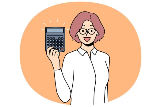 Woman accountant with calculator for calculating tax on company profits. Businesswoman or professional auditor recommends using calculator to avoid errors in corporation balance sheet.