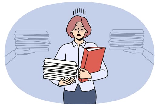 Busy businesswoman with pile of documents needs helper or secretary to do paperwork. Busy woman manager suffers from overabundance of reporting causing overload or professional burnout.