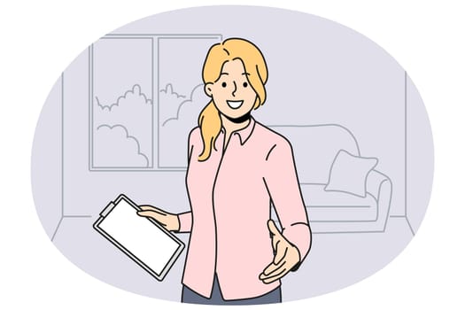 Woman realtor greets you by shaking hands and showing client apartment for mortgage loan. Girl realtor or real estate agent with clipboard friendly invites those who want to rent house in good area