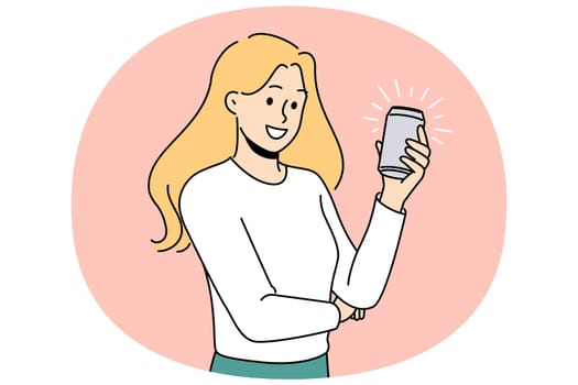 Woman with soda in aluminum can wants to get intimate with cold lemonade or beer drink. Young happy girl with metal can filled with delicious soda smiles offering to quench thirst.