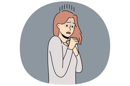 Frightened woman is afraid of resounding sounds or movements and is panicking due to psychological health problems. Frightened young girl needs protection or treatment for panic attacks