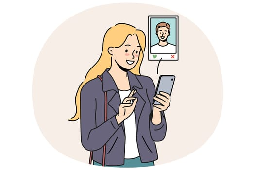 Woman uses dating app on mobile phone, choosing guy likes by photo and browsing profile. Girl with smartphone visits websites for online dating and agrees on date or going to cinema