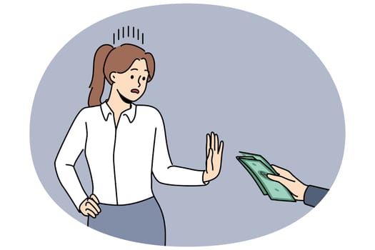 Woman refuses to take bribe making stop gesture and not wanting to participate in corruption business deals. Girl civil servant or official refuses bribe and lobbying interests of corporations