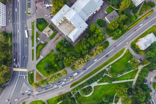 Top view of the city of Moscow, buildings and roads and other infrastructure of the city. Cityscape view from above.