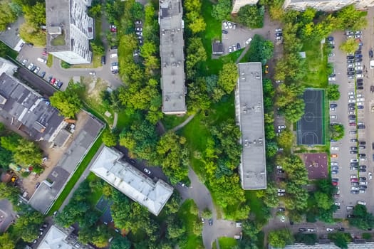 Top view of the city of Moscow, buildings and roads and other infrastructure of the city. Cityscape view from above.