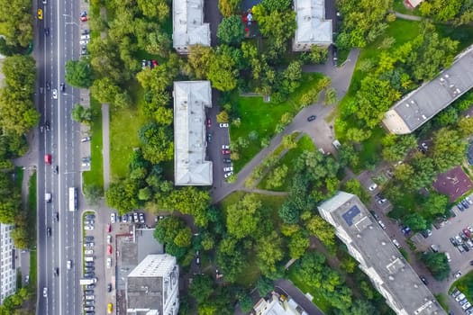 Top view of the city of Moscow, buildings and roads and other infrastructure of the city. Cityscape view from above.