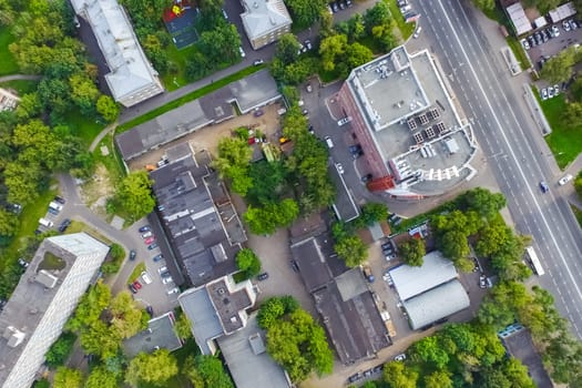 Top view of the city of Moscow, buildings and roads and other infrastructure of the city. Cityscape view from above.