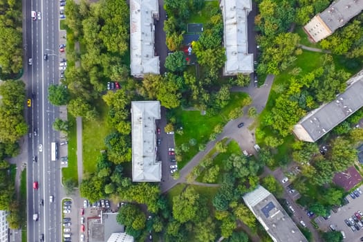 Top view of the city of Moscow, buildings and roads and other infrastructure of the city. Cityscape view from above.
