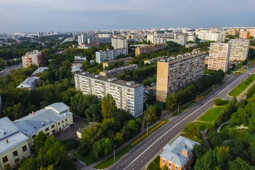 Top view of the city of Moscow, buildings and roads and other infrastructure of the city. Cityscape view from above.