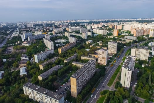 Top view of the city of Moscow, buildings and roads and other infrastructure of the city. Cityscape view from above.