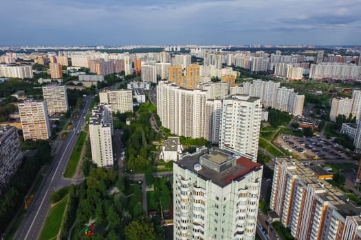 Top view of the city of Moscow, buildings and roads and other infrastructure of the city. Cityscape view from above.
