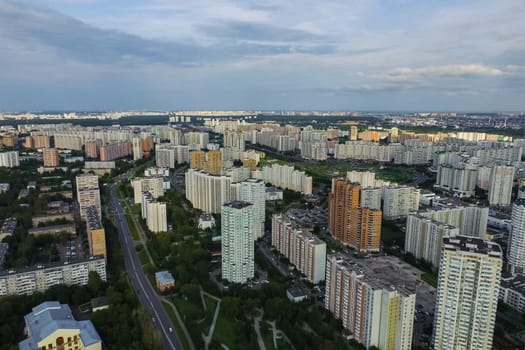 Top view of the city of Moscow, buildings and roads and other infrastructure of the city. Cityscape view from above.
