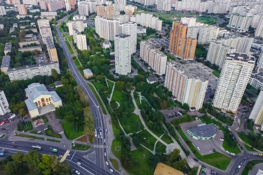 Top view of the city of Moscow, buildings and roads and other infrastructure of the city. Cityscape view from above.