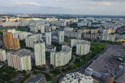 Top view of the city of Moscow, buildings and roads and other infrastructure of the city. Cityscape view from above.
