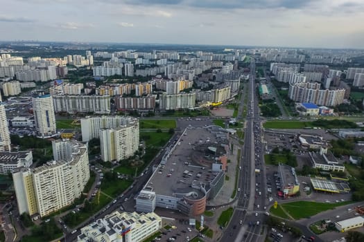 Top view of the city of Moscow, buildings and roads and other infrastructure of the city. Cityscape view from above.