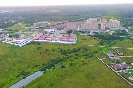Top view of the city of Moscow, buildings and roads and other infrastructure of the city. Cityscape view from above.
