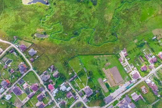 Top view of the village, fields and forests near the village