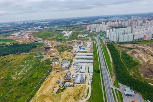 Top view of the city of Moscow, buildings and roads and other infrastructure of the city. Cityscape view from above.