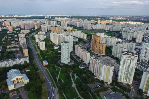 Top view of the city of Moscow, buildings and roads and other infrastructure of the city. Cityscape view from above.
