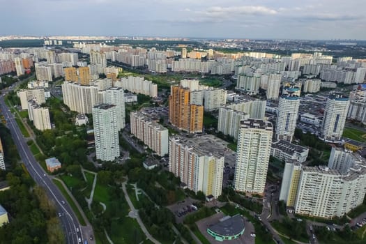 Top view of the city of Moscow, buildings and roads and other infrastructure of the city. Cityscape view from above.