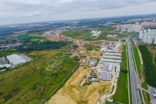 Top view of the city of Moscow, buildings and roads and other infrastructure of the city. Cityscape view from above.