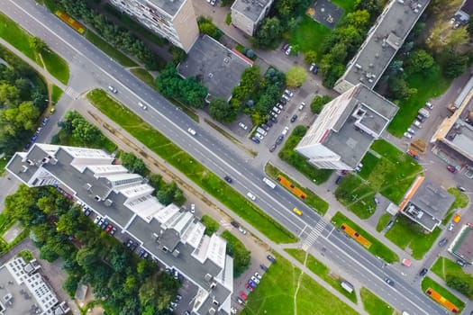 Top view of the city of Moscow, buildings and roads and other infrastructure of the city. Cityscape view from above.