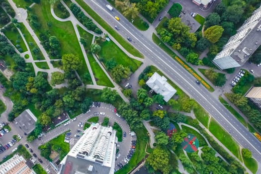 Top view of the city of Moscow, buildings and roads and other infrastructure of the city. Cityscape view from above.