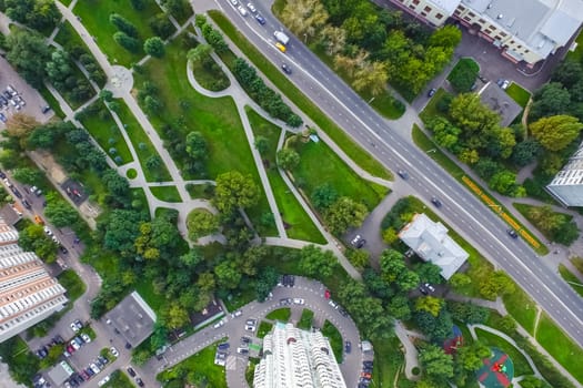 Top view of the city of Moscow, buildings and roads and other infrastructure of the city. Cityscape view from above.