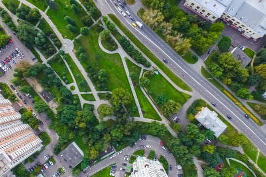 Top view of the city of Moscow, buildings and roads and other infrastructure of the city. Cityscape view from above.