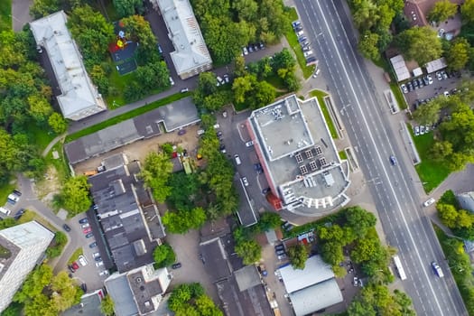 Top view of the city of Moscow, buildings and roads and other infrastructure of the city. Cityscape view from above.