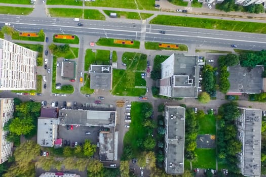 Top view of the city of Moscow, buildings and roads and other infrastructure of the city. Cityscape view from above.