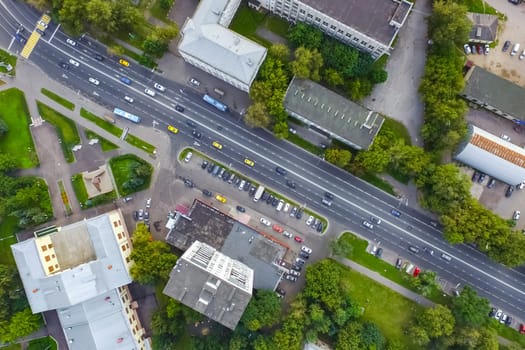 Top view of the city of Moscow, buildings and roads and other infrastructure of the city. Cityscape view from above.