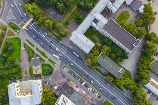 Top view of the city of Moscow, buildings and roads and other infrastructure of the city. Cityscape view from above.