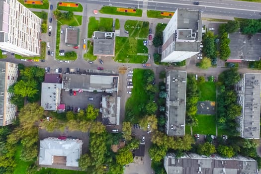 Top view of the city of Moscow, buildings and roads and other infrastructure of the city. Cityscape view from above.