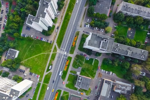 Top view of the city of Moscow, buildings and roads and other infrastructure of the city. Cityscape view from above.