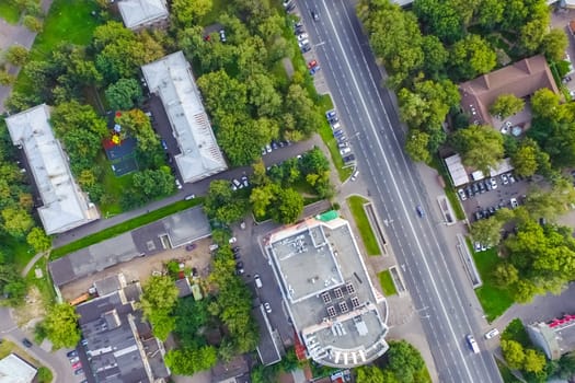 Top view of the city of Moscow, buildings and roads and other infrastructure of the city. Cityscape view from above.