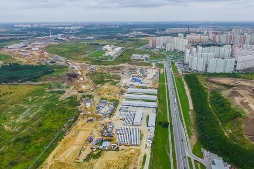 Top view of the city of Moscow, buildings and roads and other infrastructure of the city. Cityscape view from above.