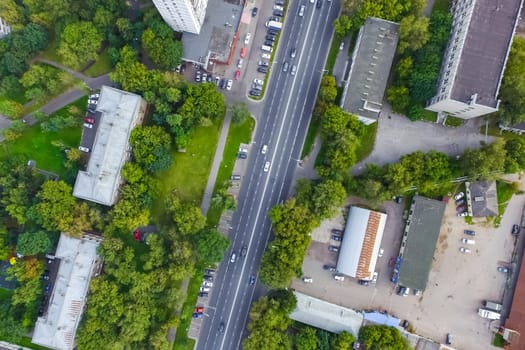 Top view of the city of Moscow, buildings and roads and other infrastructure of the city. Cityscape view from above.