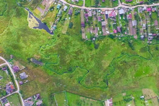 Top view of the village, fields and forests near the village