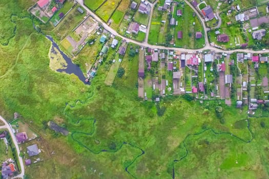 Top view of the village, fields and forests near the village