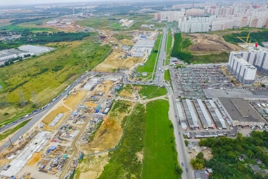 Top view of the city of Moscow, buildings and roads and other infrastructure of the city. Cityscape view from above.