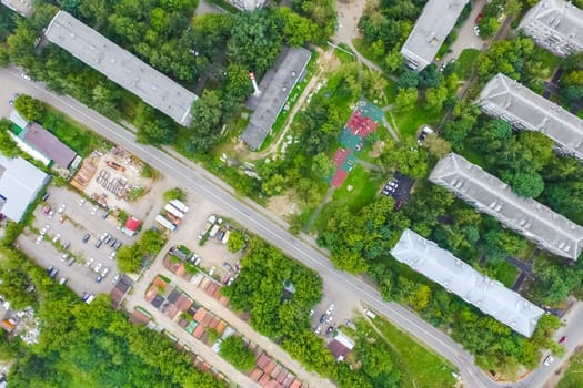 Top view of the city of Moscow, buildings and roads and other infrastructure of the city. Cityscape view from above.