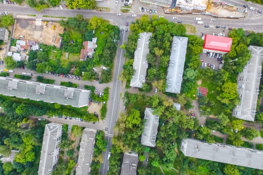Top view of the city of Moscow, buildings and roads and other infrastructure of the city. Cityscape view from above.