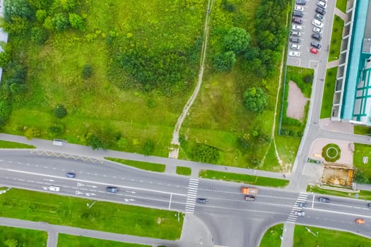 Top view of the city of Moscow, buildings and roads and other infrastructure of the city. Cityscape view from above.