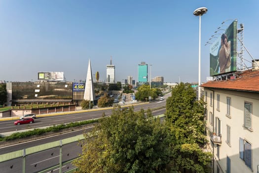Panoramic aerial view over the Milan city , as seen from a balcony. Milano, ITALY - October 11, 2023