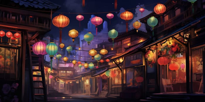 A painting depicting a vibrant street at night adorned with paper lanterns, creating a warm and colorful ambiance.